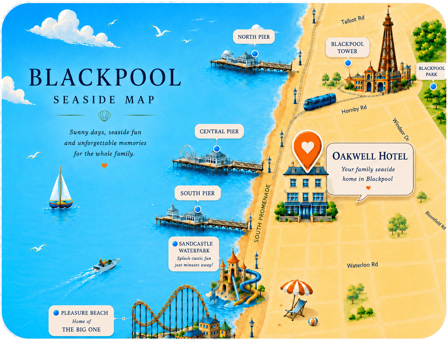 Illustrated Blackpool seaside map showing Oakwell Hotel near the promenade